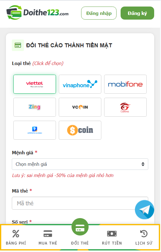 đổi thẻ cào thành tiền mặt